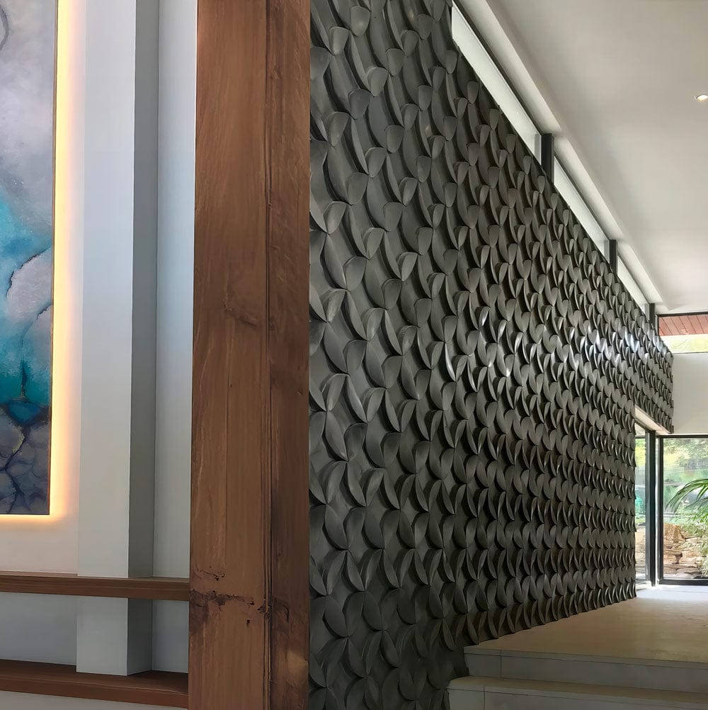 3D cement tiles featured in a modern entrance, adding a striking and contemporary design element to the space