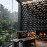 Modern interior with geometric 3d tile wall design, cushioned chair and fireplace. -FLOAT concrete