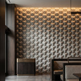 Modern interior with 3d tile in geometric patterned wall and wooden furniture. - FLOAT Concrete