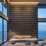 Modern living room with textured wall and large windows overlooking the ocean. - FLOAT concrete