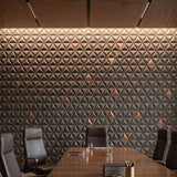 Conference room with geometric patterned wall and wooden table. - FLOAT concrete