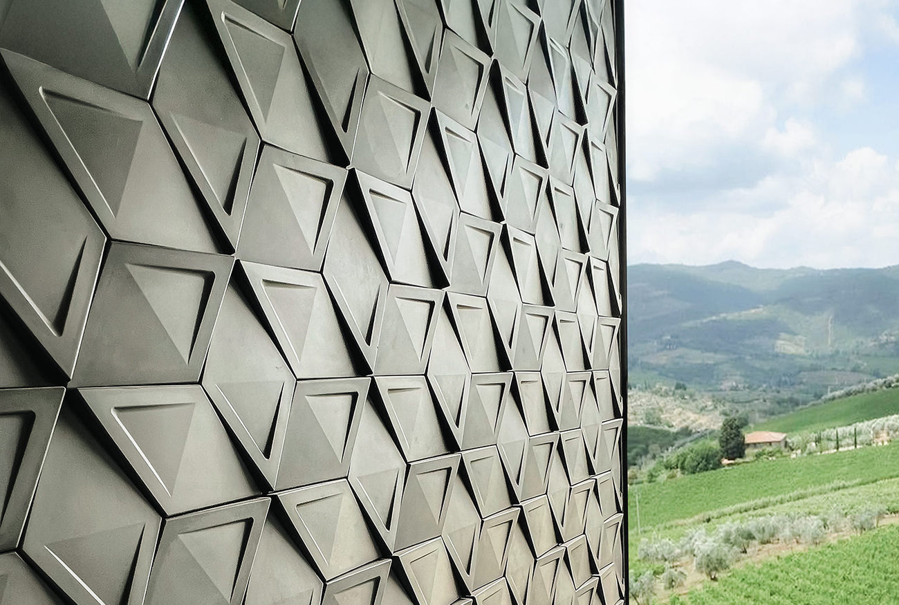 3D tiles for walls in contemporary interior architecture with scenic landscape in background