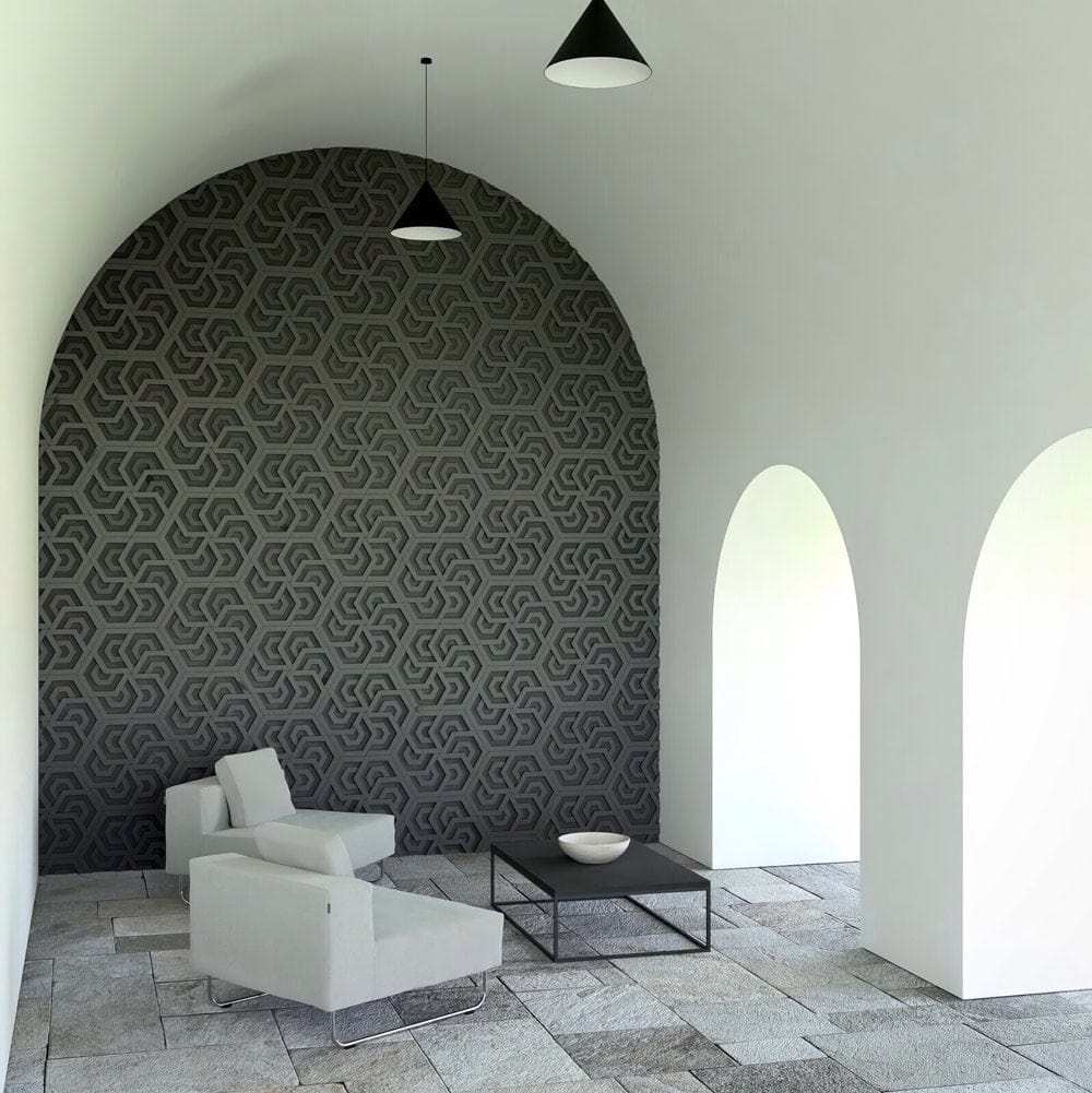 geometric 3D wall panels with intricate patterns and sleek organic concrete surfaces