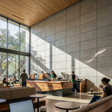 FLOAT concrete wall panels installed in modern commercial café interior.
