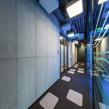 Modern interior hallway with large-format grey concrete wall panels, black and grey carpet tiles, exposed ceiling ducts, and glass office partitions with abstract graphics.