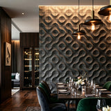 Modern dining room with concrete wall tiles and elegant decor. - FLOAT Concrete