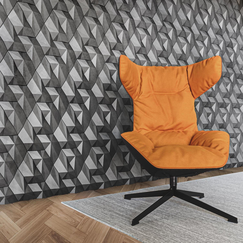 Geometric wall art featuring concrete tiles paired with natural wooden flooring, creating a contrast and sophisticated interior design