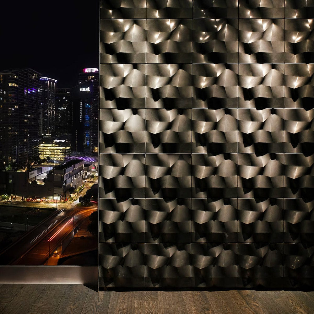 Modern wall accents with sleek concrete tiles and a stunning Miami cityscape view, blending contemporary design with urban elegance