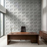 Modern office interior with a wooden desk, chair, and wall tiles 3d - FLOAT Concrete