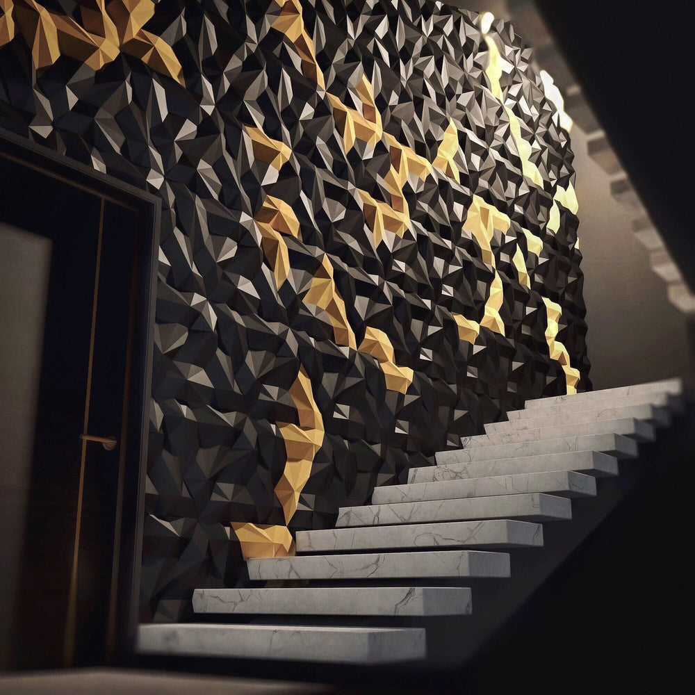 3D tiles for wall featured on a staircase wall in a contemporary house, adding a modern design element to the space